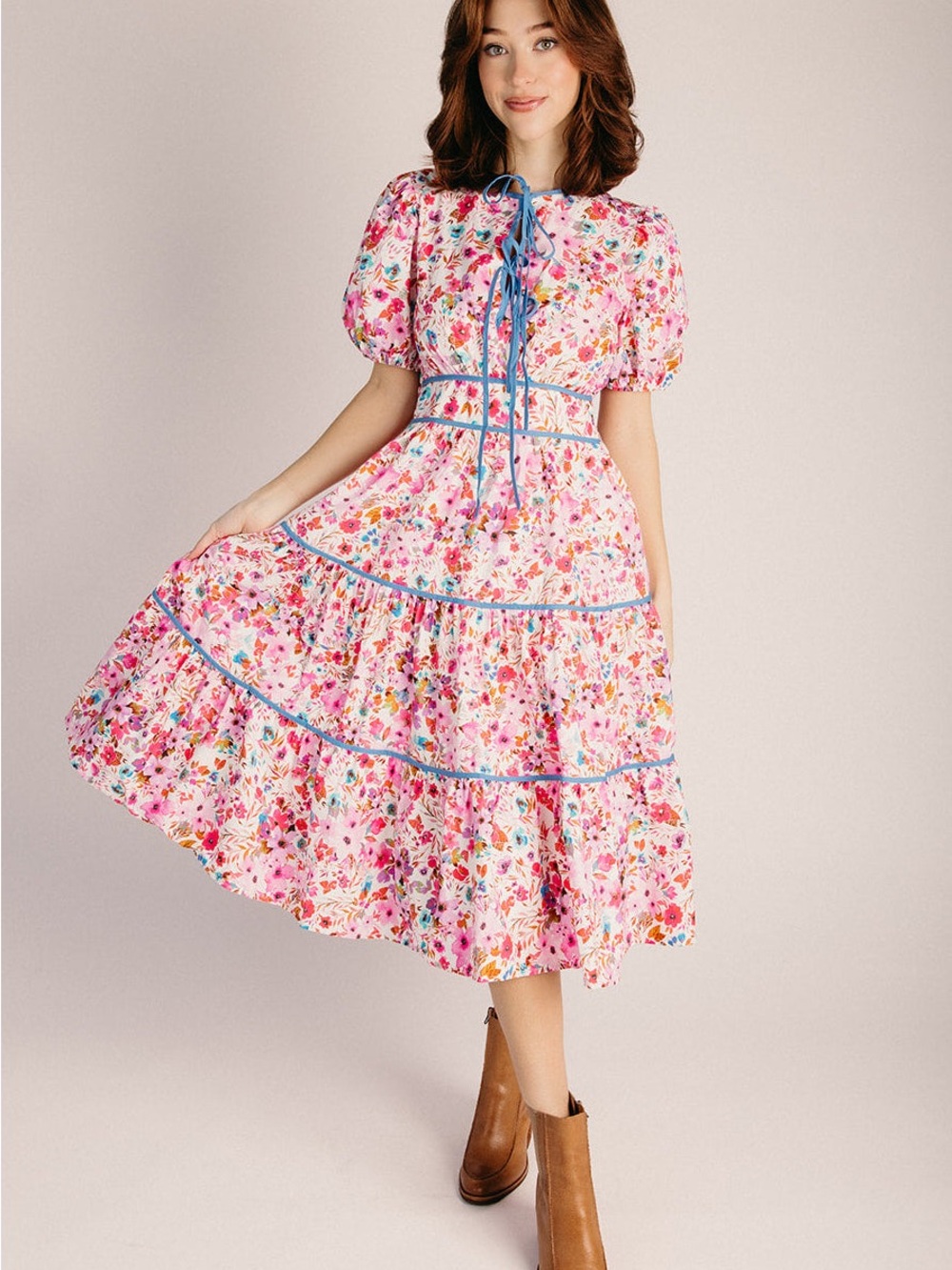 The Pansy Floral Tiered Midi Dress in Pink Size M NWT